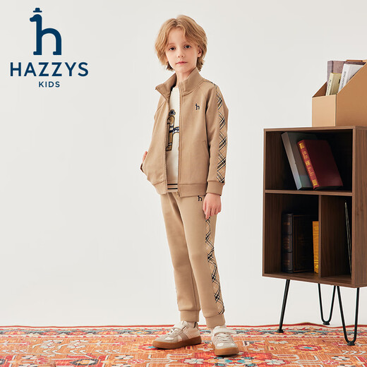 哈吉斯（HAZZYS）品牌童装男童套装秋季新款弹力舒适休闲时尚立领格纹拼接套装 藏蓝 155