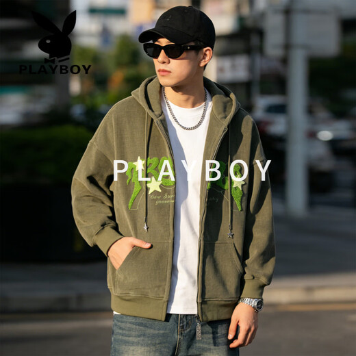 Playboy (PLAYBOY) Sudadera con capucha y cremallera de estrella retro americana para hombre 2026 primavera suelta casual de moda chaqueta cárdigan versátil albaricoque S 85-105