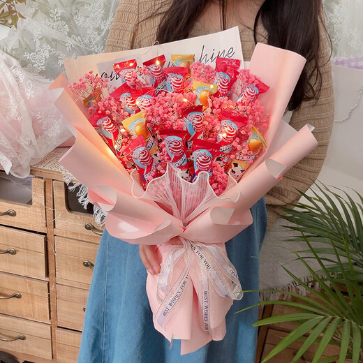 He Jiagong Lollipop Bouquet Finished Alpine Candy Snacks for Children Boys and Girls High School Entrance Examination Graduation Day Gifts Blue 52 Pieces + Starry Gypsophila Large Window Bag