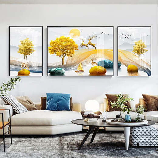 Mo Painting Lulin Modern Simple Living Room Decoration Painting New Chinese Sofa Background Wall Mural Landscape Painting Hall Triple Scenic Hanging Painting 6-Golden Lu Fulu 14134 Mirror Crystal Porcelain Middle 80*60 Side 40*60 Black Frame