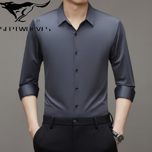 Septwolves jacket expert high-end mulberry silk men's spring and autumn long-sleeved shirt men's spring no-iron men's business casual solid color spring and autumn shirt 06 gray velvet thickened M 165 code recommended 90-115 Jin Jin equals 0.5 kg