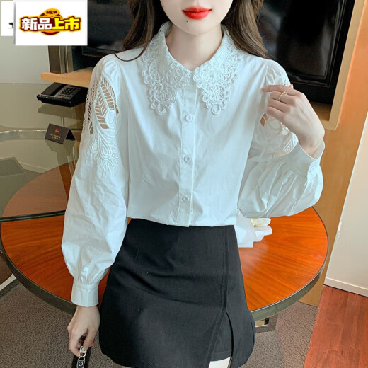 初径刺绣棉衬衫女2025年秋装新款时尚绣花白色衬衣宽松百搭长袖上 CY9227 黑色 L 【建议111-120斤】