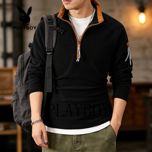 花花公子半拉链立领卫衣男2026春季新款宽松大码潮流加绒保暖外套 卡其色 S 110-140斤