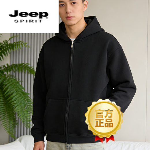 JEEP SPIRIT hooded sweatshirt men's 2026 spring zipper cardigan loose versatile jacket men's tops black M