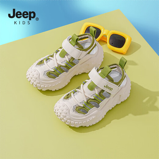 Sandalias Jeep para niños, zapatos de suela blanda con puntera para niños, zapatos de playa ligeros con velcro antideslizantes para niñas de verano 2025, verde 28, la longitud interior del zapato es de aproximadamente 17,9 cm