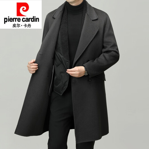 Pier Cardin Mabet en laine haut de gamme pour hommes Mentières en tweed à double boutonnage mi-longs pour hommes 2024 automne et hiver Luxury luxe en laine noir [style unique sans doublure intérieure] l 175
