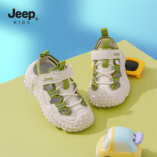 Sandalias Jeep para niños, zapatos de suela blanda con puntera para niños, zapatos de playa ligeros con velcro antideslizantes para niñas de verano 2025, verde 28, la longitud interior del zapato es de aproximadamente 17,9 cm