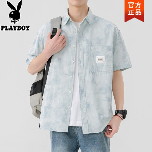 Playboy (PLAYBOY) pure cotton short-sleeved shirt men's summer ice-like thin quarter-sleeved shirt trendy gradient color half-sleeved shirt jacket 6503 blue 2XL recommended 150-170Jin Jin equals 0.5 kg