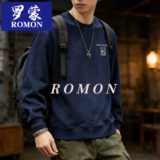 Romon Round Neck Sweater 2026 Spring New Loose Casual Bottoming Shirt Men's Long Sleeve Weekend Play Dark Blue 3XL 179-195cm 190-220Jin Jin equals 0.5 kg