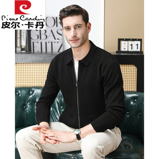Pierre cardin 2024 autumn and winter sweater cardigan men's lapel 100% pure wool jacket light business casual knitted base shirt black 165