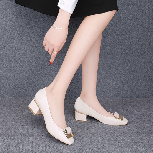 Cowhide women's shoes 2022 autumn and winter new autumn shoes scoop shoes square toe thick heel single shoes shallow mouth medium heel women's leather shoes casual shoes black professional work office shoes 5173 beige 37