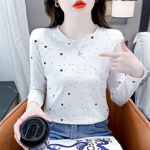 红蜻蜓纯棉时尚印花打底衫女长袖秋季新款修身百搭圆领T恤内搭上衣 DD1396#（白色）长袖 L 【建议106-120斤】
