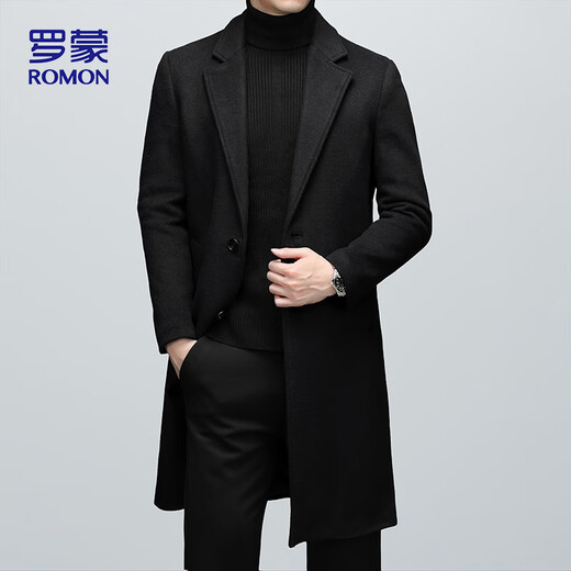 罗蒙（ROMON）秋冬季羊毛呢外套大衣商务休闲潮流外套男士风衣1930 黑色 XL 