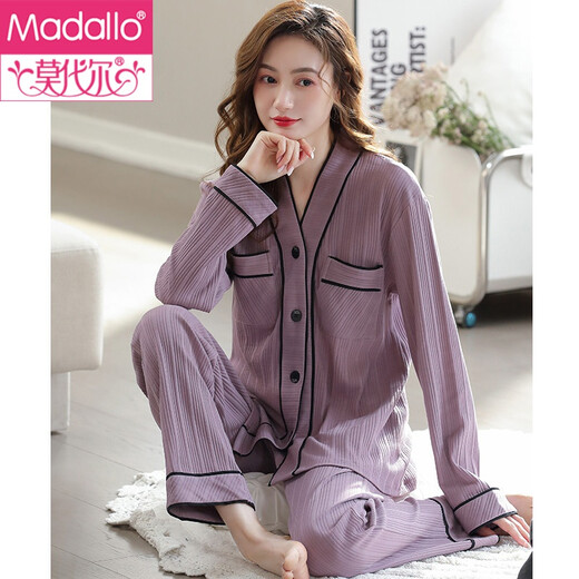 Modal pajamas women's spring and autumn autumn pure cotton long-sleeved home clothes full cotton plus large size loose autumn thin T9274 elegant black 2XL (175)