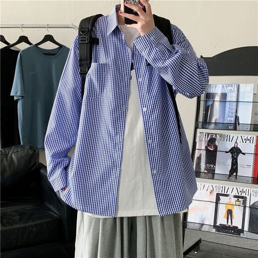 MGJO flannel shirt men's plaid shirt men's long-sleeved 12 spring and autumn high-end inner wear Korean version trendy slim and handsome no-iron casual business shirt 9923 small grid black XL 130Jin Jin equal to 0.5 kg to wear