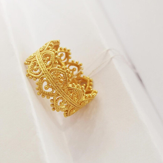 Jin Chi 5G Crown Gold Ring 999 Pure Gold Palace Style Fixed Mouth Filigree Ring Princess Lace Hollow Ring Index Finger Ring No. 15 Gold Approximately 4.9g-5g