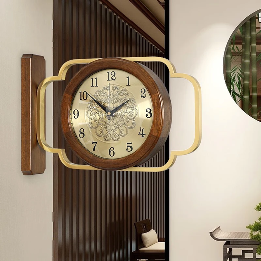Moyang doppelseitige Wanduhr Zweiseitige Uhr Home Wohnzimmer Amerikanisches Solid Wood Restaurant Hanging Watch Moderne einfache Uhr Hängende Wand 9196 Walnuss-Double-Seite Viewing