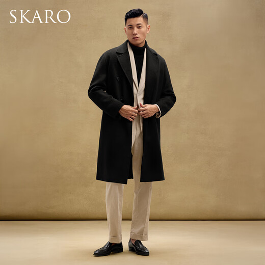 SKARO Contains Camel Hair Black Wool Coat Men's Winter Thickened Long Double-breasted Woolen Coat New Year's Wear Black SKO351 XL
