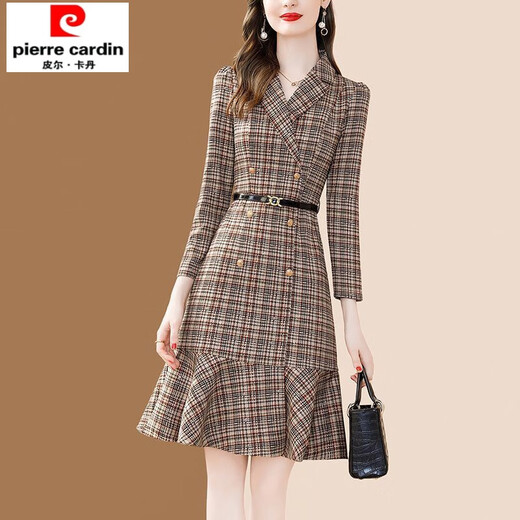 Chudiao temperament plaid suit collar dress for women 2025 autumn and winter new style waist tie mid-length fishtail a-line skirt color XL
