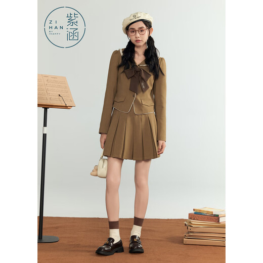 Zihan (ZIHAN) Zihan college style double-layer lapel bow top short pleated skirt two-piece suit for women autumn light coffee M