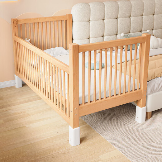 Qiuying hebensfähiges Buchenholz Holz Spleißbett Massivholz Kinderbett Krippe erweiterte Spleiß großes Bett Kinderbett Side Bett Bett drei Leitplanken + 5 cm Kokosnussbraun (Höhe einstellbar) kann heben und Länge 200 breit 80 High 35 [60 Leitplanke]
