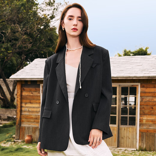 Betu women's autumn new suit lapel fashionable versatile silhouette suit jacket 2408T59 charcoal gray S