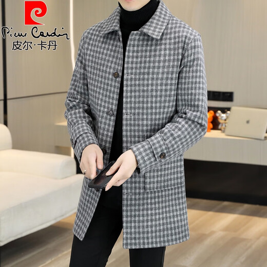 Pierre Cardin men's woolen coat plaid winter high-end Nizi windbreaker British style mid-length woolen coat 1005 black cotton version 3XL