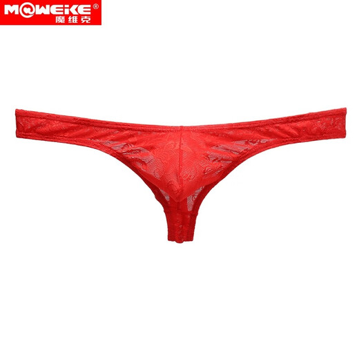 Movik men's underwear lace thong jacquard transparent breathable sexy fashion low-waist elastic trendy men's T-underwear red XXL