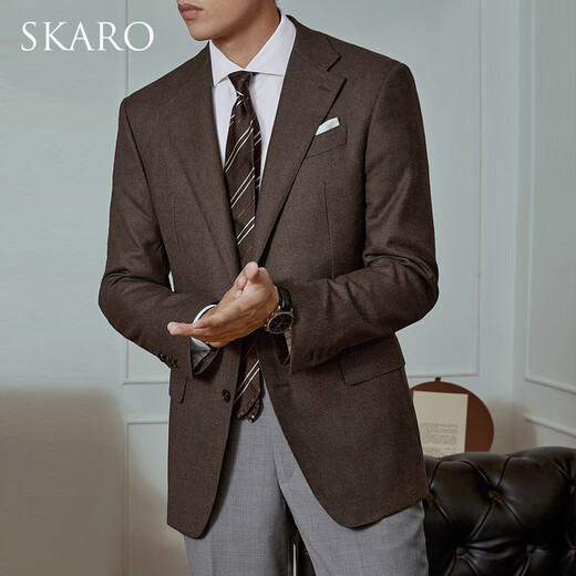 SKARO【澳洲纯羊毛】秋冬正装西服外套男商务修身咖色千鸟格西装 棕色SKV281-2 46