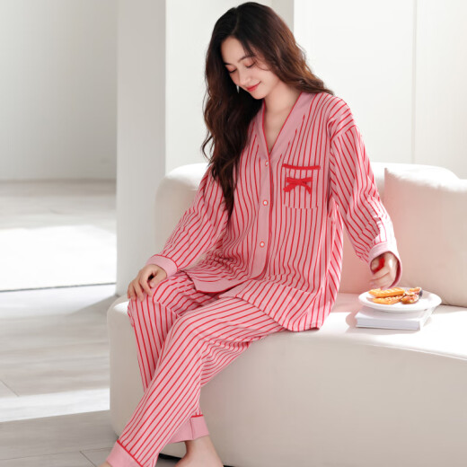 莫代尔孕妇睡衣女春上新条纹带胸垫月子服a类纯棉薄产后产妇哺乳家居服 MDE724 XL [115-140斤]