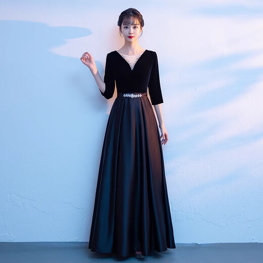 Yingwen Choir Performance Clothing Female Long Skirt Host Annual Meeting Costume Banquet High-End Atmosphere Conductor Evening Dress Black L Recommended 100-110 Jin Jin equals 0.5 kg