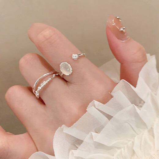 Dai Yan Gentle Wind Moonstone Open Ring Women's Niche Design Adjustable Index Finger Ring High-end Fashion Personalized Ring White Moonlight Textured Ring 2-piece Set