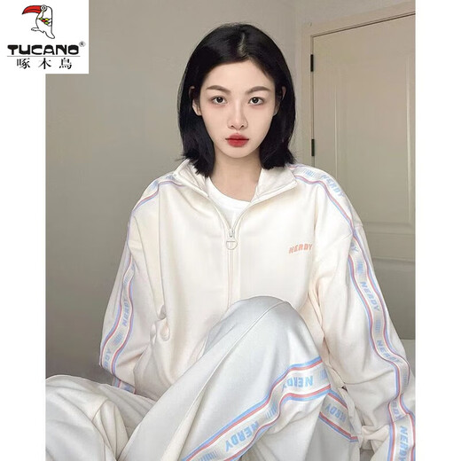 Woodpecker sportswear sweatshirt suit women 2022 autumn new style college style fashion ins jacket straight pants two-piece set milk apricot color [pure cotton two-piece set L [recommended 100-115 Jin [Jin equals 0.5 kg]]