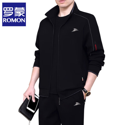 ROMON Sports Suit Men's Spring and Autumn Dad Casual Sweatshirt Men's Three-piece Suit Middle-aged and Elderly Large Size Loose Sportswear 8923 Black + Long T-shirt + Straight Pants Three-piece Suit