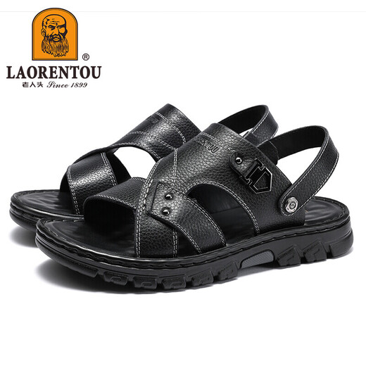老人头（LAORENTOU）沙滩鞋男拖鞋头层牛皮荔枝纹鞋拖两用户外凉鞋 LT12033 黑 38
