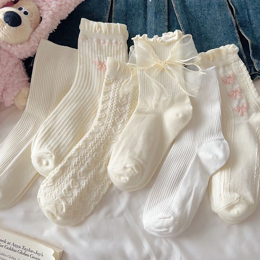 White socks for women summer cute socks lace Mary Jane with small leather shoes mid-calf socks for women spring and autumn flesh-colored big bow 1 pair 1 pair lace socks