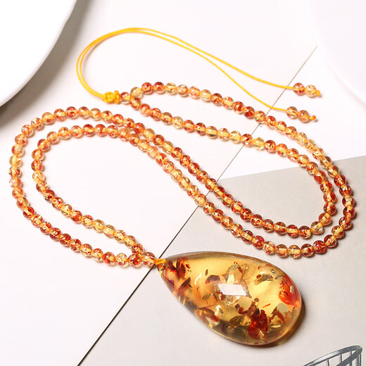 Chengyuanxiang CREORISETIN natural 5A water purified amber drop pendant sweater chain raw mineral beeswax amber necklace pendant women's original stone two-color blood amber bead chain style