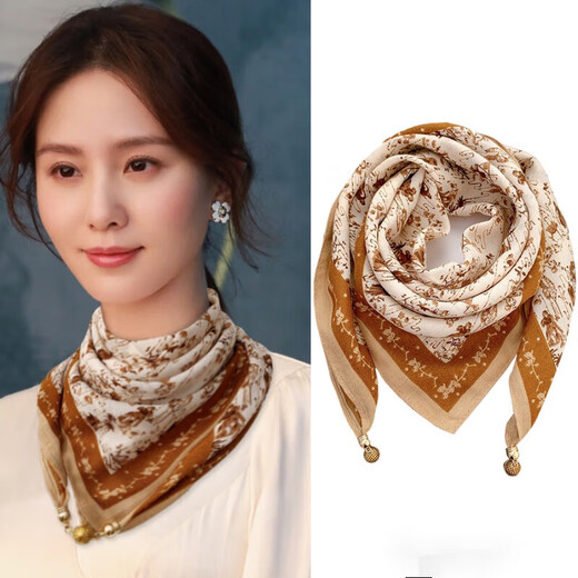 SOMUBAY magnetic button cotton linen small square scarf scarf for women multifunctional spring and autumn neck protection scarf sun protection scarf Women's Day gift apricot color lines [gift bags need to contact customer service or notes]

