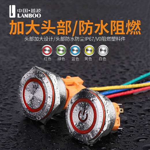 Blue wave 22mm metal button switch customized 2NO2NC optional ring luminous waterproof gold-plated feet stainless steel can be made into three colors of light self-locking - ring red light 9-24V