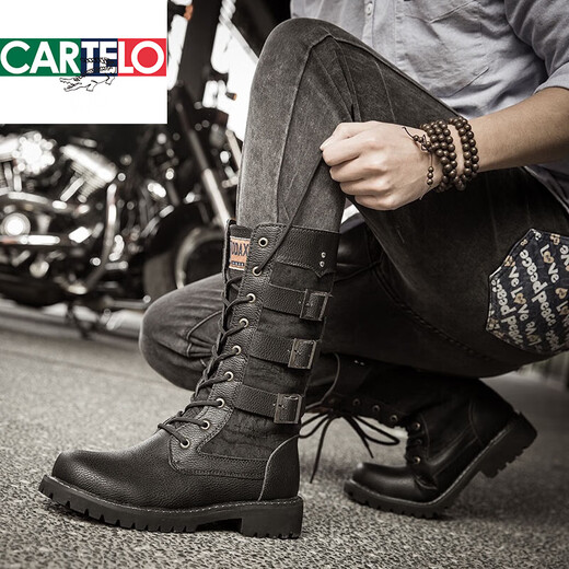 卡帝乐鳄鱼（CARTELO）高筒长靴男潮马靴复古骑士靴男士高帮靴子马丁靴英伦风牛仔靴春秋 黑色 983 44