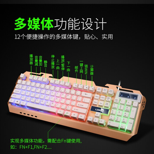 LDK.al RK300 Juego de teclado y mouse para cibercafé, sensación mecánica, panel de metal, teclado retroiluminado luminoso de tamaño completo de 104 teclas, teclado y mouse para computadora portátil, teclado luminoso genial + mouse agrietado + auriculares