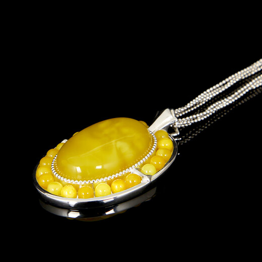 Mingpo Shijia S925 Silver Inlaid Beeswax Pendant Women's Natural Amber Pendant Design Sweater Chain for Girlfriend's Birthday Gift