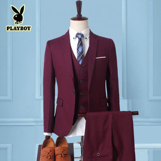 Playboy Winter Suit Men's British Lang Wedding Suit Slim Three-piece Business Formal Casual Suit Black S