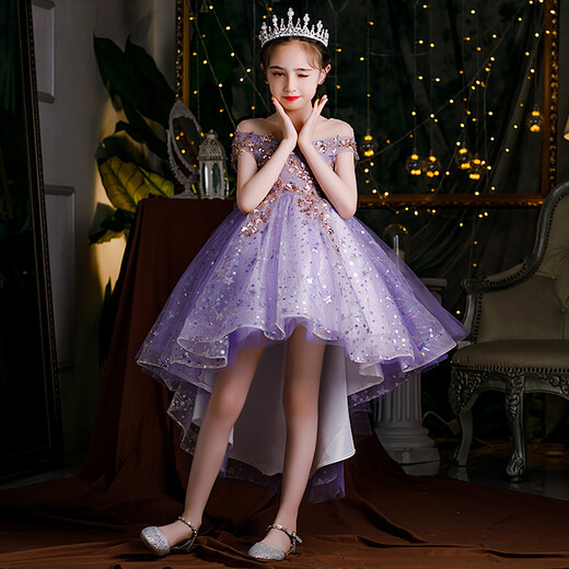 Little Kayi Nong Girl Host Evening Dress Princess Dress Children's Show Piano Performance Clothes High-end Flower Children Wedding Dress Summer Purple Short 1591 Sleeveless 120