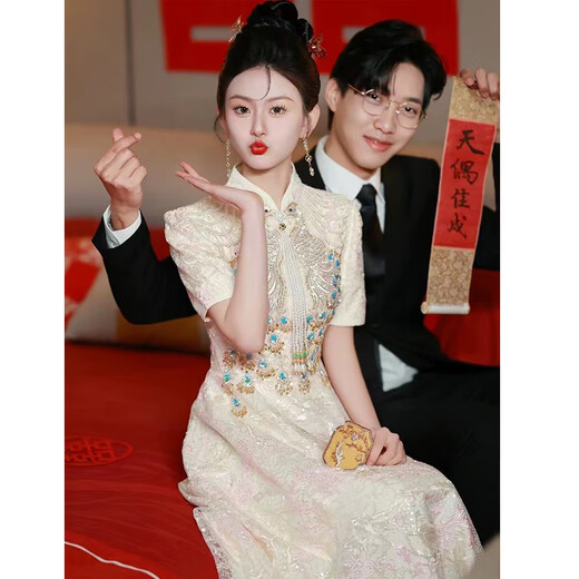 麦斯贝思新中式2025新款旗袍敬酒服新娘小个子订婚礼裙女晚礼服平时可穿 香槟色 S（建议86-95斤)
