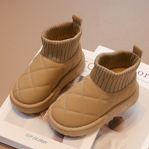 Muni children's velvet snow boots, stylish socks, short boots, bread shoes, 2025 winter new style, warm large cotton shoes for boys and girls, velvet thickened socks boots, khaki color, size 32, inner length 20cm