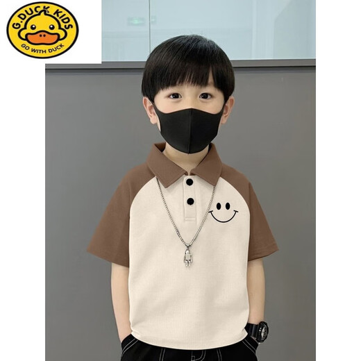 
G.DUCKKIDS pure cotton POLO shirt short-sleeved T-shirt for children's summer new style medium and large children loose splicing handsome lapel boy top 674 smiley face - black and green - POLO shirt pure cotton product 150
