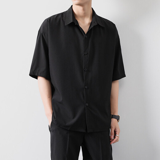 歌朴伟 短袖衬衫男夏季冰丝薄款宽松垂感休闲五分半袖衬衣服 黑色(短袖衬衫) XL(建议115-150斤)