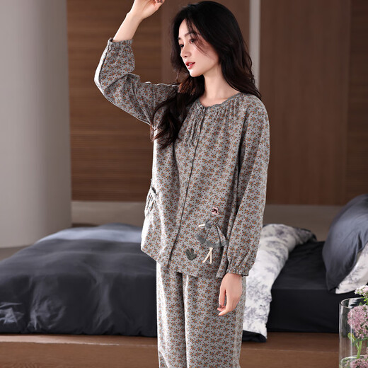 Kuaishen-Pyjamas für Frauen im Herbst Pure Cotton Long Sleeve Frühling und Herbst Plus Größe Baumwolle modische Blumenhauskleidung für Frauen außerhalb von 1517 m [150-160 cm/90-110jin [Jin gleich 0,5 kg]]]