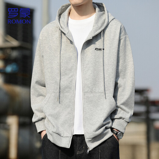 ROMON sweatshirt men's autumn loose casual jacket men's versatile hooded cardigan top men WY333 light gray L